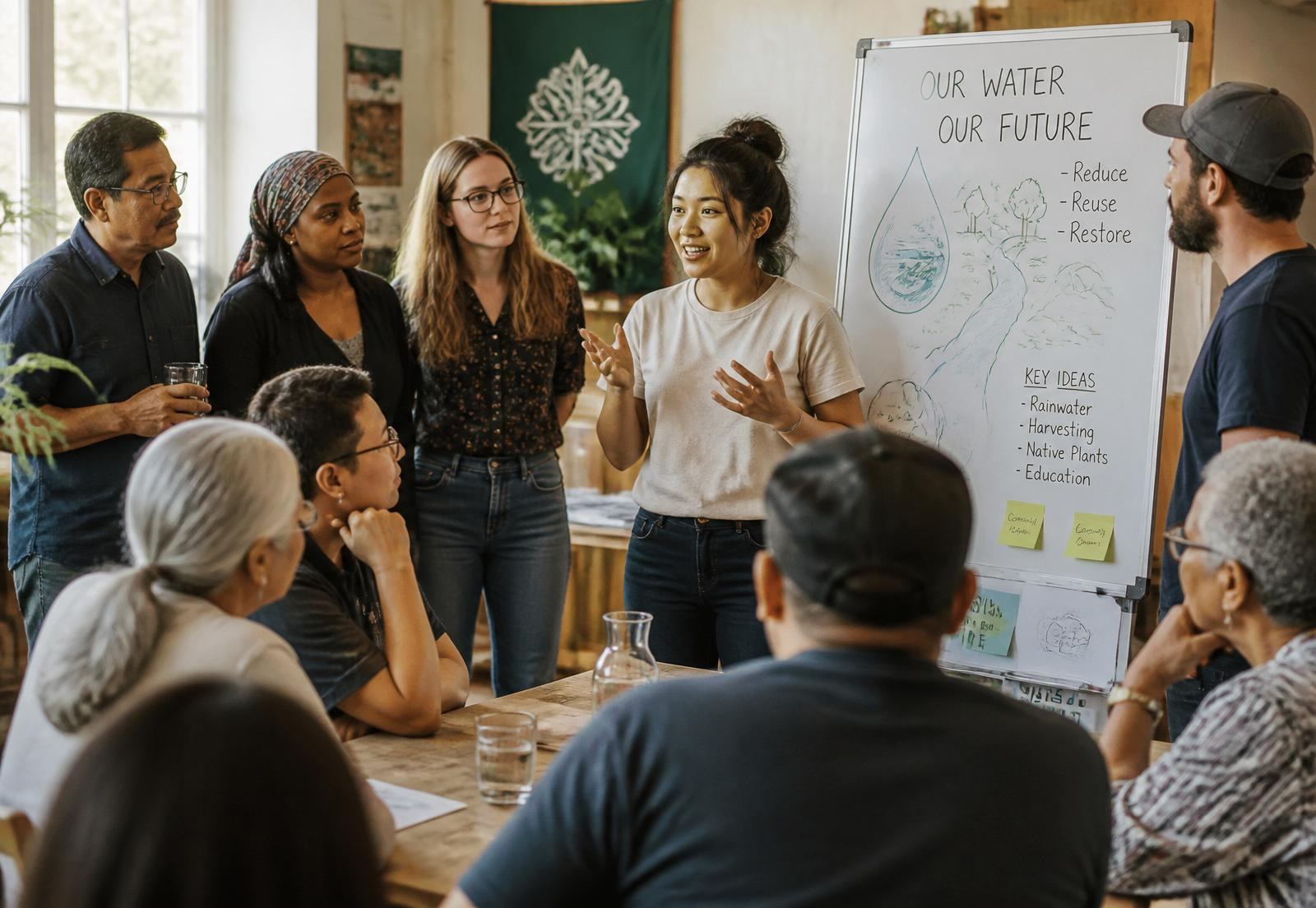 Community members participating in a group discussion about rainwater harvesting, water stewardship, and education.